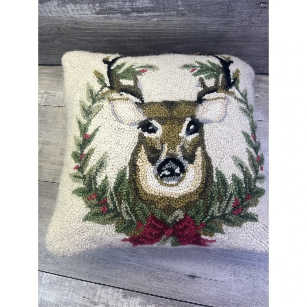 Deer Hooked Wool Pillow Buck Christmas Wreath Throw Decor